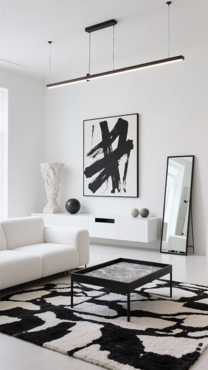 Straight-on wide shot, Modern Monochrome gallery-style space: walls and ceiling painted the same bright neutral white; boxy white sofa; black metal coffee table with stone top; graphic black-and-white rug grounding the seating; oversized abstract art with strong black strokes on the wall; sculptural decor including a plaster pedestal, ceramic spheres, and a casually leaning simple floor mirror; linear LED chandelier overhead; floating white media console with no handles; matte black hardware and frames for contrast; crisp, high-contrast lighting; photorealistic, no people.