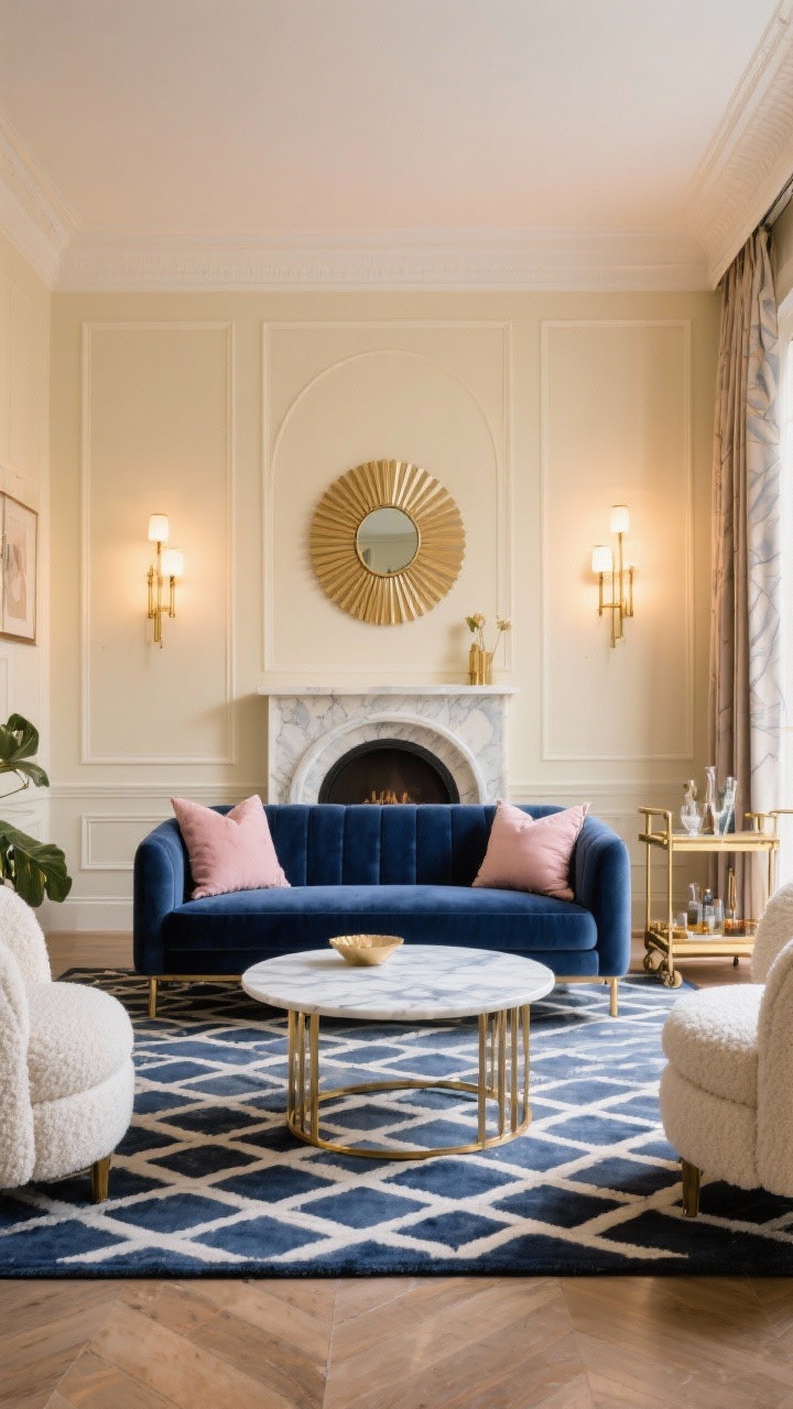 Straight-on wide shot of a modern Art Deco living room: sapphire velvet sofa against warm cream walls with subtle panel molding; round marble coffee table and an arched mirror; fan-shaped sconces casting warm light; navy-and-cream geometric rug; slim brass accents on a bar cart and curtain rods; sunburst mirror above the mantel; two ivory bouclé curved barrel chairs; hint of blush pillows; softly glamorous lighting, photorealistic.