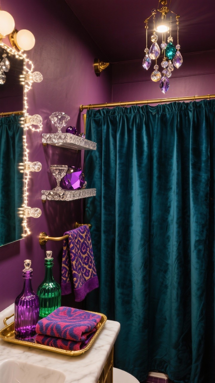 “Sugar Plum Jewel Box” dramatic corner wide shot of a small bath: walls painted deep plum or midnight teal, with a velvet-look shower curtain adding rich texture. Accents in amethyst and emerald—jewel-toned glass bottles on a gold tray, patterned towels in saturated hues. A cluster of glass ornaments suspended over the vanity, warm white string lights tucked along shelving for ambient glow. Textures include velvet, satin, and cut glass. Low, warm lighting for opulence. Corner perspective to enhance the jewel-box feel.