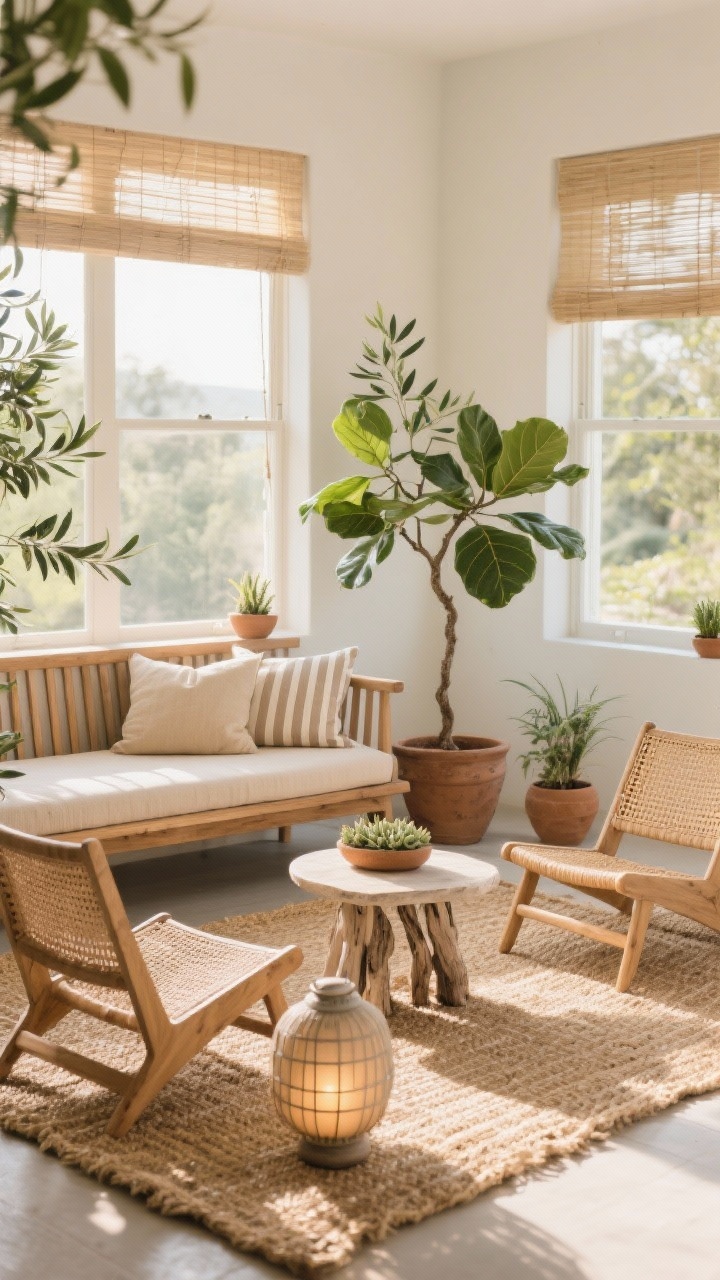Sunlit medium shot of a breezy sunroom layered in natural materials: slatted teak daybed with oatmeal cushions and striped linen pillows on a woven seagrass rug. Palette of driftwood, flax, and leafy green. Pair of rattan lounge chairs and a lightweight nesting table set for flexibility. Sculptural, sparse plants—olive tree, rubber plant, and small succulents in clay pots. Minimal window treatments: sheer linen panels or bamboo shades to soften glare. Ceramic lanterns placed for evening ambiance. Airy, relaxed, photorealistic.