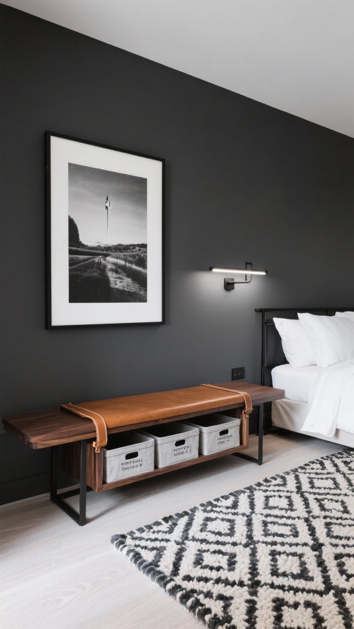 Three-quarter medium shot showcasing bench: modern walnut bench with cognac leather strap seat and a slim under-shelf holding low-profile labeled storage bins; room palette features charcoal walls, crisp white bedding, and black metal accents; linear wall sconce casting a clean beam; a large monochrome photograph on the wall; black-and-ivory geometric flatweave rug underfoot; crisp, gallery-like lighting with subtle contrast, photorealistic.
