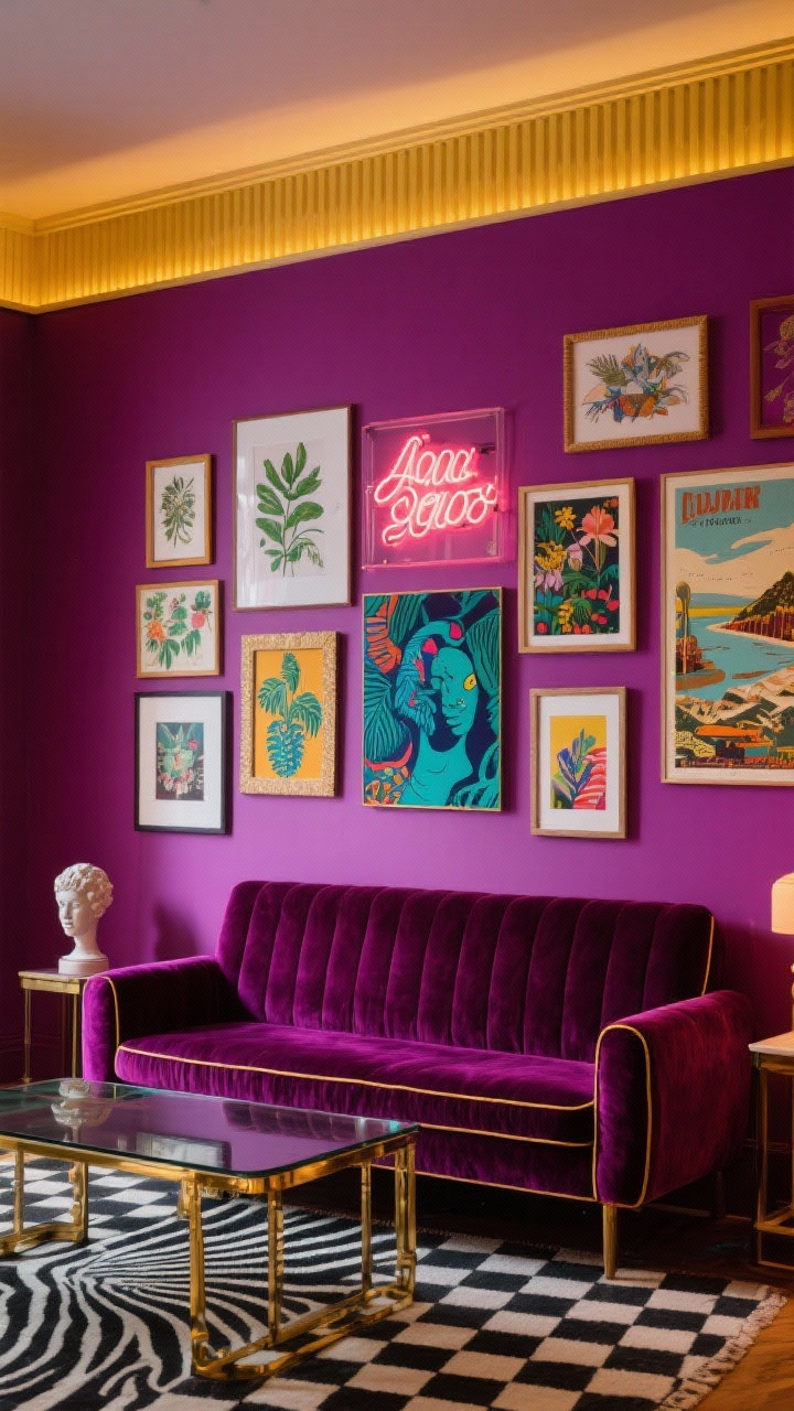 Tight-medium dynamic wall view of a saturated background color (choose citrine, peacock, or aubergine) with a dense cluster of layered art that spills beyond the sofa width: contemporary pop art, botanical prints, a neon typography piece, and a vintage travel poster with slightly overlapping frames creating intentional collisions; jewel-toned velvet sofa with contrast piping in front, brass-and-smoked-glass coffee table, and a zebra or checkerboard rug grounding the scene; add a picture rail above the cluster to form a crisp top line and a tiny ceramic bust on a side table; bold, party-ready maximalist energy, rich mixed lighting with soft ambient glow on artwork.