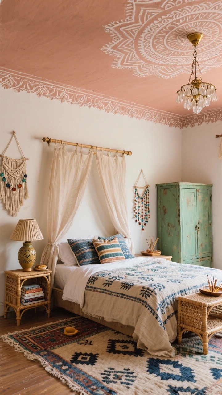 Upward-angled medium shot of an eclectic boho bedroom focusing on the ceiling: soft clay/blush painted ceiling with a stenciled mandala border; a gauzy DIY canopy draped from simple curtain rods framing the bed; layered rug mix (kilim over larger neutral), block-printed quilt, kilim pillows; cane nightstands with a ceramic lamp featuring a pleated shade; thrifted armoire painted sage green; macramé wall hanging and a beaded chandelier; tray of incense and paperback stacks on the nightstand; palette of clay, blush, sage, brass, indigo; warm, cozy, photorealistic.