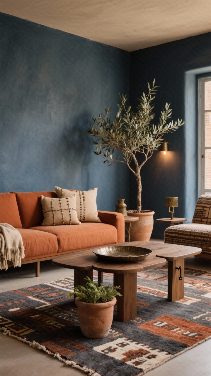 Warm medium shot of an earthy modern living room: slate blue walls with warm undertones, a terracotta linen sofa, and walnut nesting tables; flatwoven kilim rug mixing slate, rust, and cream; planters in raw clay alongside an olive tree in a tall pot softening the corner; aged bronze hardware and a hammered metal tray on the ottoman; nubby oatmeal throws and pillows with stitched mudcloth patterns; soft, cozy ambient lighting, photorealistic.