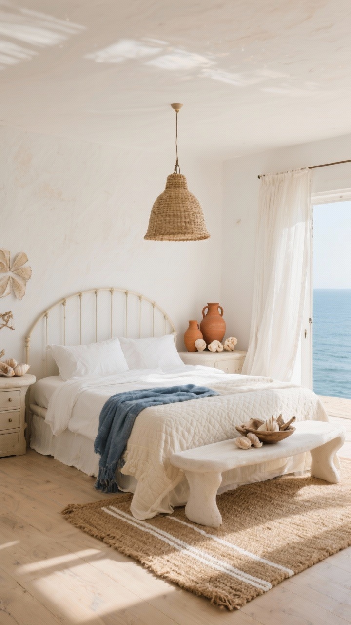 Wide, airy coastal view: “Sun-Bleached Mediterranean Boho” bedroom with warm white limewash walls, pale oak floors, and a white slipcovered bed frame with a rounded headboard; palette of sandy beiges, chalky whites, and a hint of faded indigo; crisp linen sheets, cream matelassé coverlet, sun-faded indigo throw draped across the end; curvy plaster console replacing a dresser; oversized woven bell pendant; flatwoven jute rug with white stripes; decor of terracotta amphorae, clustered seashells, driftwood bowl; sheer floor-kissing linen curtains billowing slightly. Bright, breathable noon light, photorealistic, angled from doorway.
