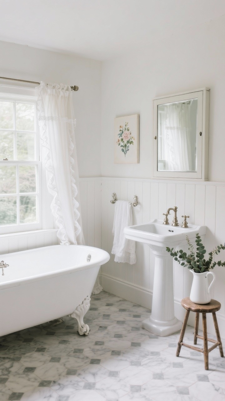Wide, airy cottage bathroom: classic white clawfoot tub centered in front of a window with gauzy curtains, tongue-and-groove paneling painted milky white, pedestal sink with polished nickel taps, vintage-style medicine cabinet with mirrored door above; small marble hex tile floor with soft gray grout, polished nickel finishes sparkling in natural light; styling touches include floral art, a ruffled cotton shower curtain on a curved rod, and a white pitcher filled with eucalyptus on a small stool; milky white, polished nickel, pale gray palette.