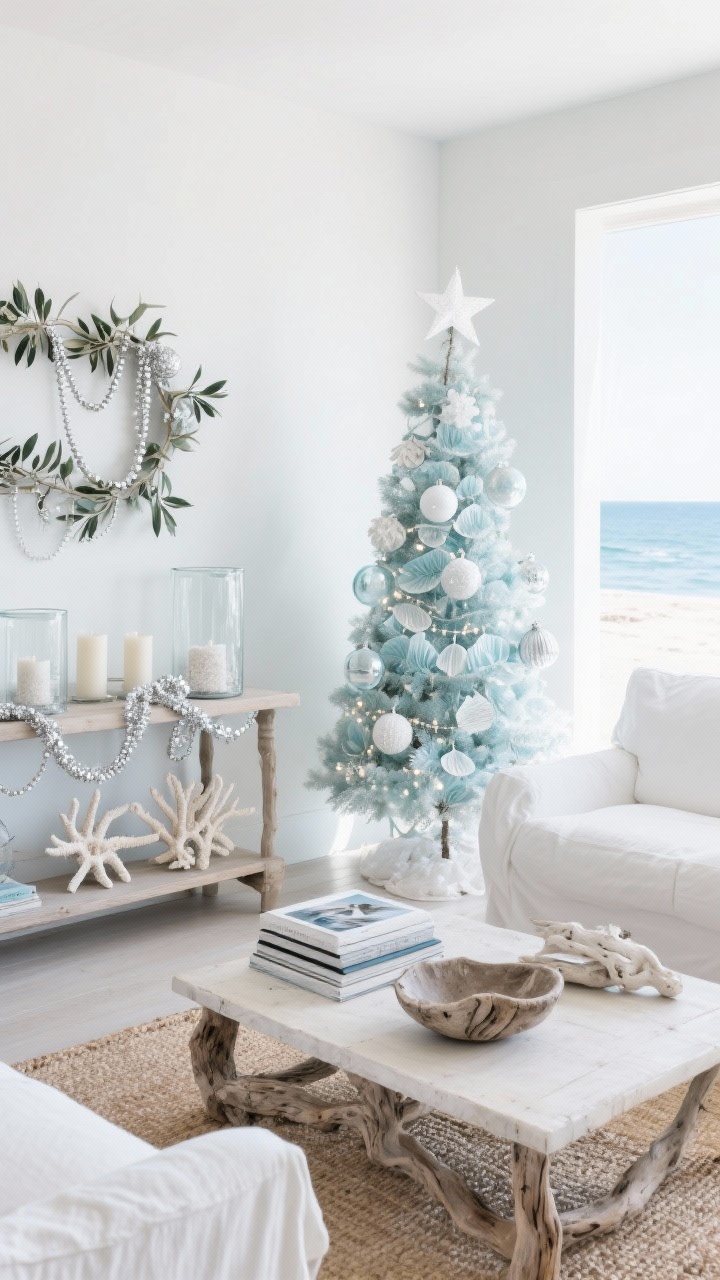 Wide airy living room, Coastal Frost Escape: slimmer tree trimmed with capiz shells, frosted glass balls, and white star ornaments, sparkling with silver tinsel and cool white micro-lights; white slipcovered seating and a jute rug; console with glass hurricanes filled with sand and candles, accented with bleached coral; garland of olive branches and eucalyptus threaded with silver bead strands; coffee table styled with stacked coastal photography books and a driftwood bowl; palette of sea-glass blue, icy white, driftwood, and silver; bright, crisp daylight, beach-adjacent yet refined, corner angle.