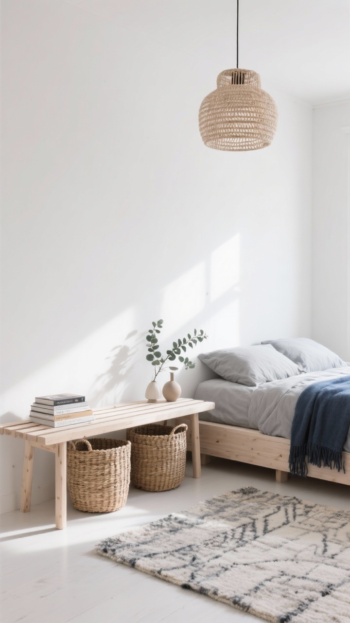 Wide, airy Scandinavian angle with lots of negative space: whitewashed walls, pale birch furniture, and a pale birch slatted wood bench with two handwoven rattan baskets tucked underneath; soft gray bedding on the bed with a slate-blue throw; overhead woven pendant light casting soft shadows; wool rug with subtle pattern; minimal decor—a small stack of books, a petite ceramic lamp, and a sprig of eucalyptus; bright diffused daylight, photorealistic.