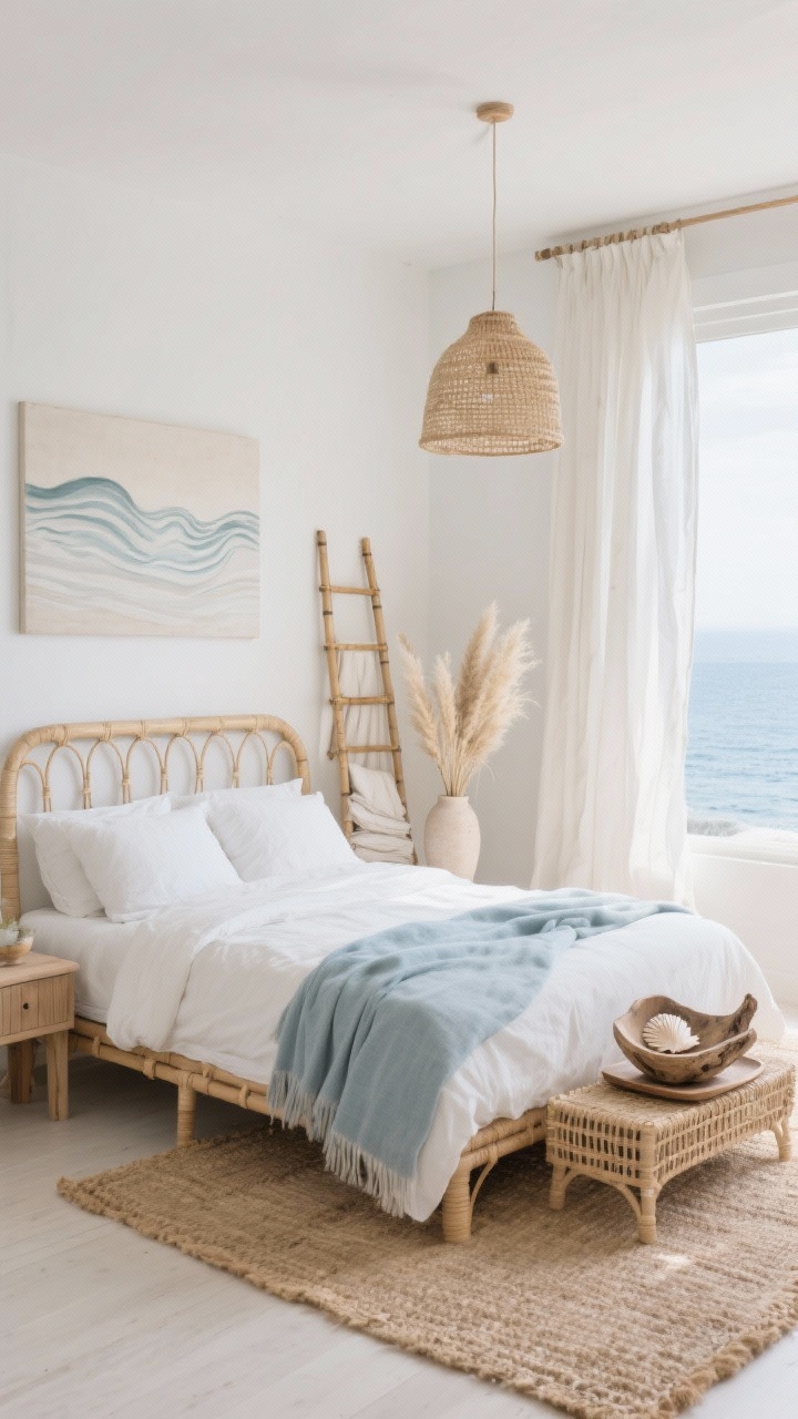 Wide, airy straight-on shot: Light and airy coastal boho bedroom with white/pale oat walls, a rattan bed, natural linen curtains gently filtering daylight, and a jute/sisal rug; ocean-inspired accents include a soft misty blue throw, a sculptural driftwood bowl on the nightstand, abstract wave art above the bed; woven pendant light overhead, bamboo ladder for blankets, airy cotton bedding; pampas grass in a tall vase and a single seashell styled on a tray; bleached wood tones and plenty of negative space for breezy minimalism; photorealistic.