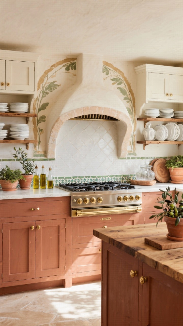 Wide-angle Mediterranean kitchen refresh, sunlit: lower cabinets painted warm clay with polished brass pulls, creamy white uppers replaced by open wood shelves holding stacked white plates, olive oil bottles, fluted glass and oversized ceramic crockery; faux painted arch mural framing the range hood; butcher block counters, terracotta planters with olive branches and herbs, peel-and-stick zellige backsplash; light bouncing softly, rustic villa vibe with clay, cream, sage, and brushed brass tones.