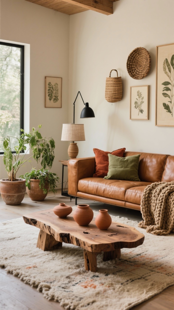 Wide angled shot, photorealistic: Earthy modern living room featuring a cognac leather sofa with a boxy silhouette and sink-in cushions. An undyed wool rug under a live-edge wood coffee table styled with terracotta ceramics and hand-thrown pottery. Walls in soft ecru with woven baskets and botanical prints. Textural linen-covered table lamp, sage and rust pillows, and a chunky woven throw on the sofa. Trio of planters with cascading greenery nearby. A black metal floor lamp adds a crisp edge. Palette: cognac, ecru, sage, rust, matte black; textures: leather, wool, clay, raw wood. Natural warm light.