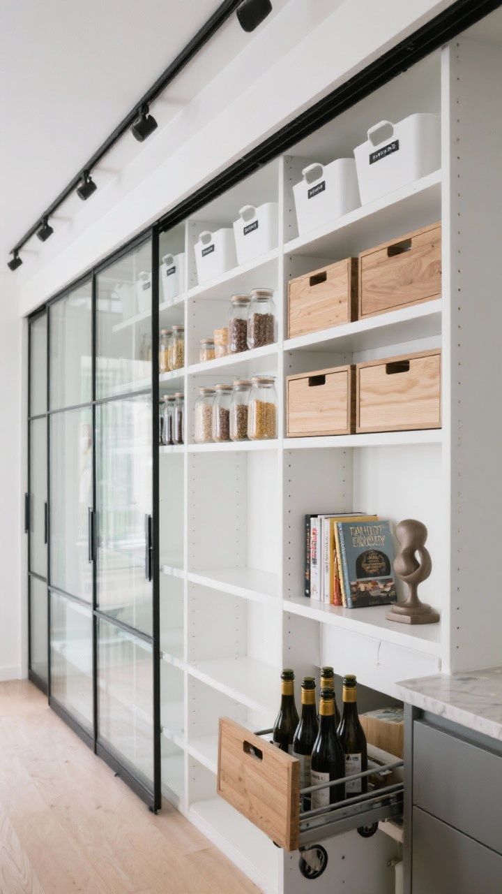 Wide apartment pantry wall, straight-on: a 10-foot run of open shelving protected by slim sliding glass doors on a matte black ceiling track; inside, white laminate shelves mixed with oak boxes acting like drawers; decanted staples lined at eye level with monochrome labels, labeled white bins up top, and a pull-out trolley down low holding heavy bottles, positioned partially rolled out toward a nearby counter; small sculptural bookend holding cookbooks; bright, compact, efficient vibe.