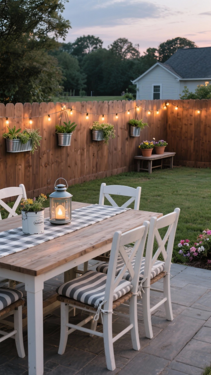 Wide backyard dining scene at dusk: Pressure-treated pine board-on-board privacy fence in a soft brown stain, warmly sealed. Farmhouse styling: outdoor dining table with cross-back chairs, striped seat cushions, a checkered runner, and enamelware lanterns. Hanging herb planters along the fence, a small potting bench to one side. Casual warm string lights swagged along the fence line, casting cozy glow. Creamy whites, galvanized metal accents, hardy blooms. Photorealistic, inviting.