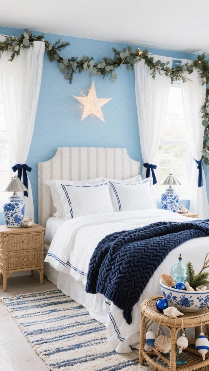 Wide bedroom shot, Blue-and-White Coastal Christmas Bedroom: powder blue walls, bed with crisp white linens and navy piping, linen-upholstered headboard with battery-lit paper stars above, striped dhurrie rug, rattan nightstands with polished nickel lamps, ceramic blue-and-white ginger jars filled with cedar, navy cable-knit throw at the foot; accents of blue-and-white chinoiserie ornaments in a bowl, glass fishing floats, seashell garlands; white linen drapes tied with navy velvet ribbon and sprigs of eucalyptus; bright coastal daylight.