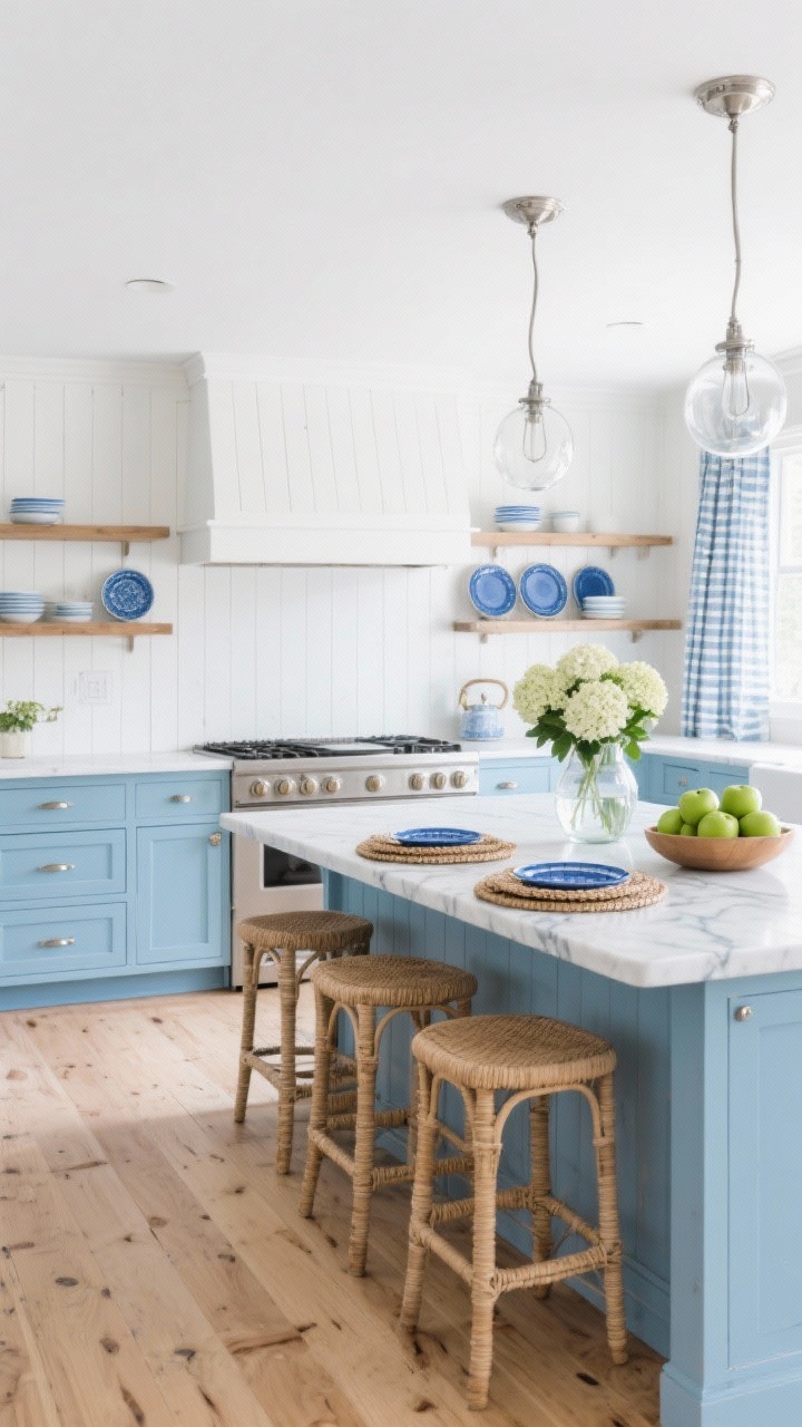 Wide, breezy coastal cottage kitchen in blue and white: powder-blue shaker lower cabinets with crisp white uppers (and a stretch of open shelves), a panel-ready range hood wrapped in white shiplap. Vertical beadboard backsplash painted semi-gloss white, white quartz countertops with subtle blue-gray veining. Light ash/whitewashed oak floors, clear glass globe pendants with polished nickel. Rattan counter stools, striped café curtains, woven chargers on the island, a bowl of green apples, a pitcher of hydrangeas, and blue-rimmed plates. Airy, bright daylight, minimal decor, photorealistic.