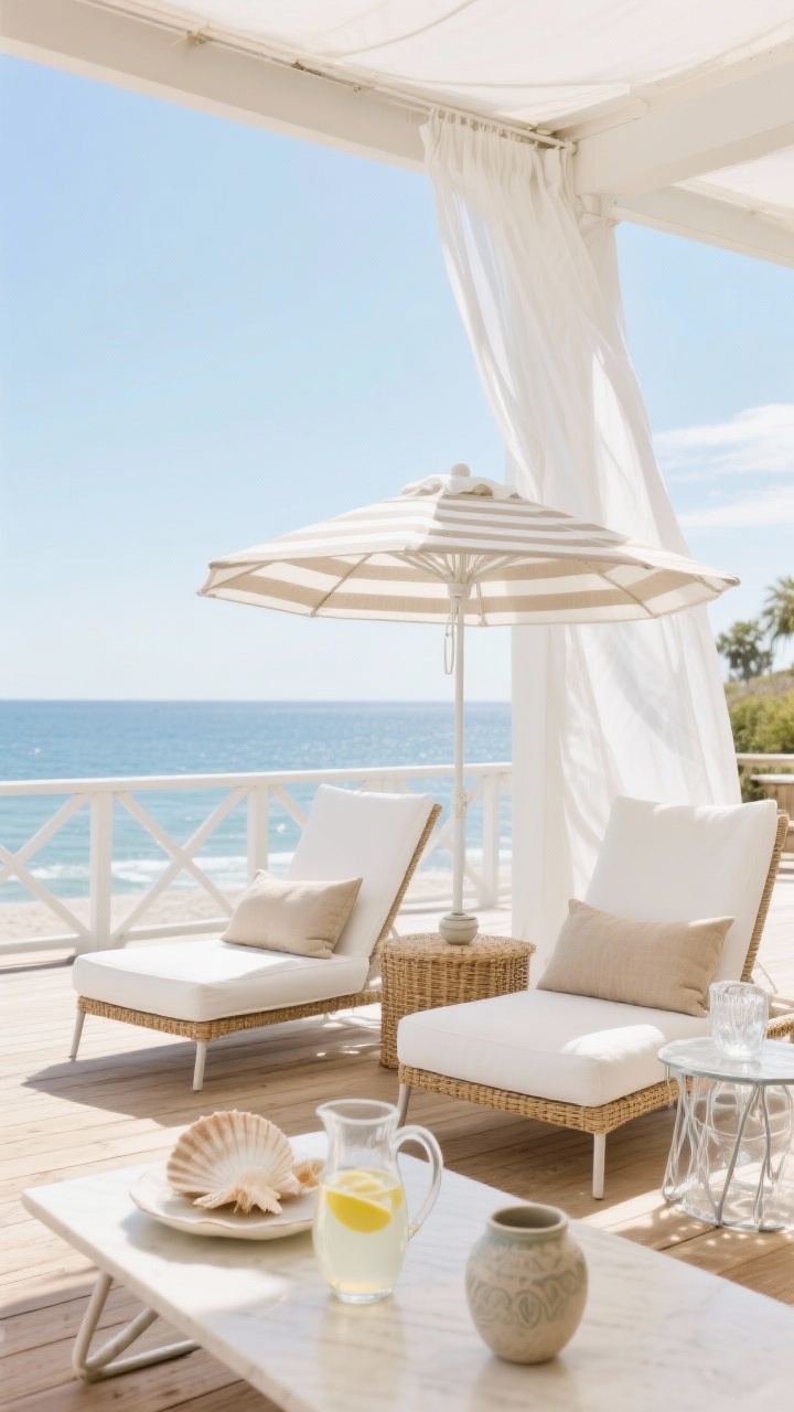 Wide, breezy resort-ready scene on cypress/teak deck stained pale sand/blonde transparent: pair of white sling chaises facing a striped neutral umbrella; woven cane side tables with clear glass accessories; linen cushions in oat and stone; white powder-coated metal accents; a crisp white outdoor curtain panel drifting in the breeze; seashell-toned ceramics and a pitcher of lemon water on the table; bright coastal sunlight, airy and light, photorealistic.