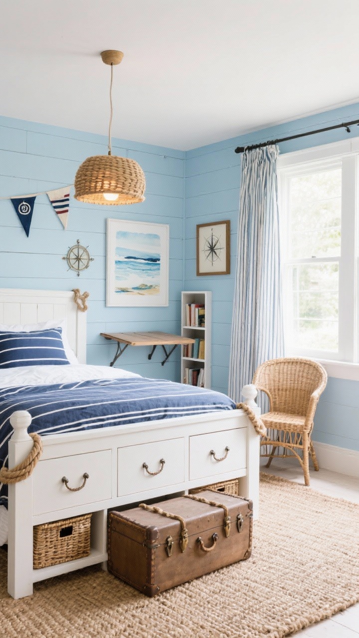 Wide, breezy straight-on view, Coastal Explorer: soft ocean blue walls with a white shiplap accent wall behind a white wooden bed with storage drawers; navy ticking stripe bedding; rope details on drawer pulls and curtain tiebacks, plus a rope-wrapped pendant light casting warm ambient glow; rattan chair near a window and a jute rug underfoot; storage includes a trunk-style footboard, woven baskets on open shelves, and a narrow bookcase with cubbies; decor features nautical flags, a framed vintage compass, and watercolor coastal prints; include a wall-mounted fold-out table closed against the wall; bright natural daylight; photorealistic, no people.