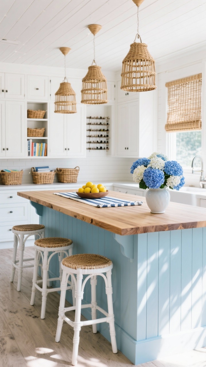 Wide, bright coastal cottage scene: a soft blue beadboard island with a thick oiled maple butcher block top; white shaker cabinets and woven shades filter sunlight. Over the island, rattan pendant lanterns; white-and-woven counter stools with backs line one side. Functional details visible at the end cap: an open shelf with baskets, cookbook cubbies, and a slim wine rack. Styling: striped runner, a bowl of fresh lemons, and a vase of blue-and-white hydrangeas. Airy, beachy mood with crisp shadows.