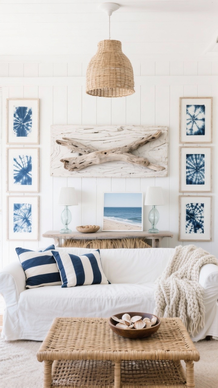 Wide, bright coastal room shot with white tongue-and-groove paneling; centered large driftwood or bleached wood relief art; on each side, vertically stacked thin-framed indigo shibori prints creating upward movement; a crisp white slipcovered sofa, woven rattan coffee table, navy-and-cream striped pillows, and a chunky knit throw; natural textures of rattan, linen, driftwood, and seagrass; lighting via a rattan pendant or pair of glass table lamps; styling details include a bowl of shells on a console and a large coastal photograph leaning on a shelf echoing the horizon; airy beach-house mood.
