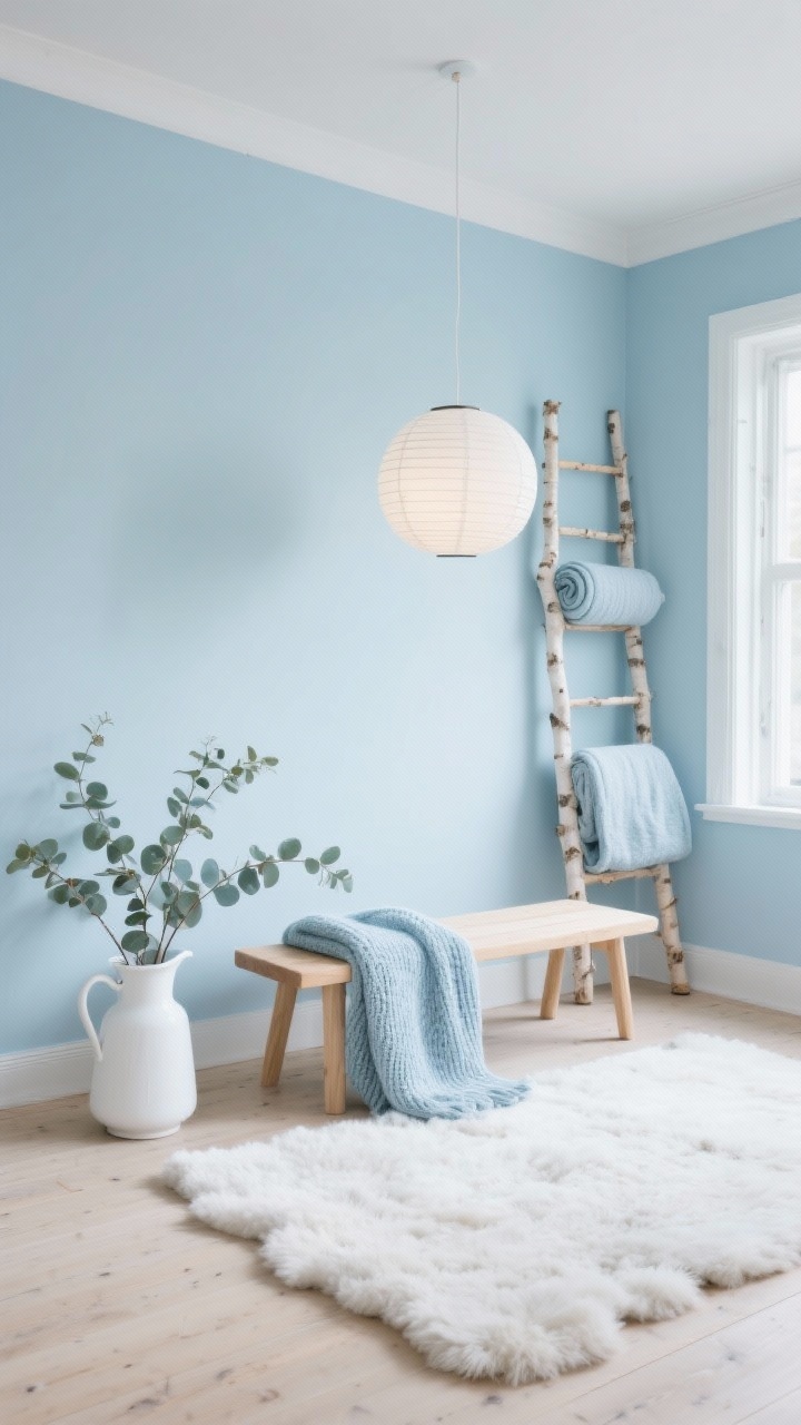 Wide, bright Scandinavian scene: Ice-blue painted walls, minimal pale wood furnishings, and hygge textures; a blond ash meditation bench centered on a cloud-soft wool rug, a pale blue knit throw folded nearby, and a slim birch ladder leaning against the wall holding rolled blankets; eucalyptus branches in a white pitcher on the floor; a paper lantern pendant provides soft, even diffusion; tones of ice blue, white, and birch; airy and featherlight, photorealistic, no people.