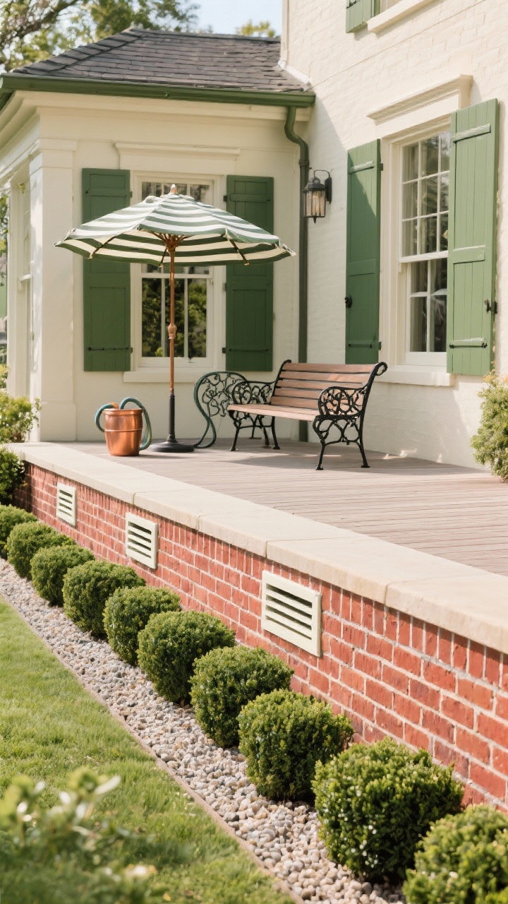Wide, classic exterior shot of a deck skirt wrapped in thin brick veneer with a tidy soldier course along the top; low-profile vents painted to match the cream grout, blending into the masonry. Foreground features a clipped boxwood border and a slim crushed-gravel edging. Style with a wrought-iron bench, striped umbrella, and a copper hose pot. Color palette: old-world red brick, cream grout, deep green. Bright but soft daylight for timeless, estate-inspired polish.