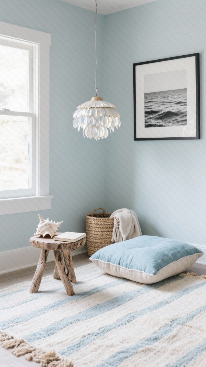 Wide, Coastal Breeze Corner: airy space with pale blue-gray walls and a bleached flatweave rug with a whisper of stripe; chunky cotton floor cushion in sea-salt blue paired with a lumbar bolster in soft sand; driftwood stool displaying a conch shell and a pale linen-bound journal; capiz shell pendant shimmering like sunlight on water; framed black-and-white coastal photograph for sophistication; seagrass basket for throws and a meditation blanket; materials include washed linen, driftwood, seagrass; palette of sea-salt blue, sand, white, fog gray; photorealistic, daylight, slight corner angle.