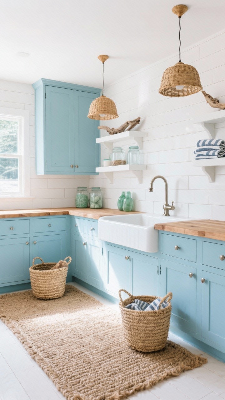 Wide coastal breeze scene: soft sky-blue cabinets wrap the room, white beadboard backsplash, warm butcher-block counter. Overhead rattan pendant lights glow softly. Chunky jute rug on floor, seagrass baskets for sorting. White farmhouse sink with polished nickel bridge faucet. Open white shelves styled with driftwood, clear glass jars, and neatly folded striped towels. Palette of sky blue, sand, white, and hints of sea-glass green accessories. Bright, airy daylight; photorealistic, slightly elevated straight-on.