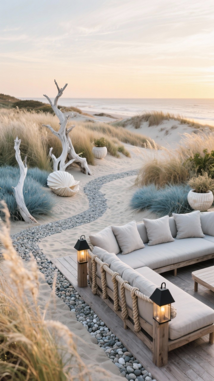 Wide, coastal-inspired backyard scene at golden hour: a bleached cedar deck with a low-profile sectional in oyster-gray and linen cushions, rope detailing on railings, matte black outdoor sconces beginning to glow; gravel pathways in sea-pebble tones snake through billowing drifts of feather reed grass, blue lyme grass, and Panicum ‘Northwind’; white driftwood sculptures and oversized shell-inspired planters punctuate the dunes; palette of soft sands, seafoam, weathered wood, and misty gray; wind-brushed motion, no people, photorealistic.