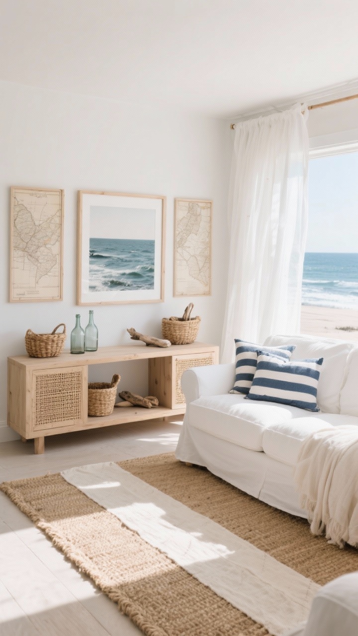 Wide coastal living room, bright and breezy: white/sandy beige base with sun-washed neutrals, slipcovered white sofa with crisp white bedding-style cushions, striped pillows in soft navy; light wood console with cane-front detail; natural jute rug with a soft cotton runner layered over it; ocean photography and vintage maps in light wood frames; woven baskets, glass bottles, and driftwood tones on the console; sheer linen curtains billowing with daylight; relaxed, airy mood, photorealistic.