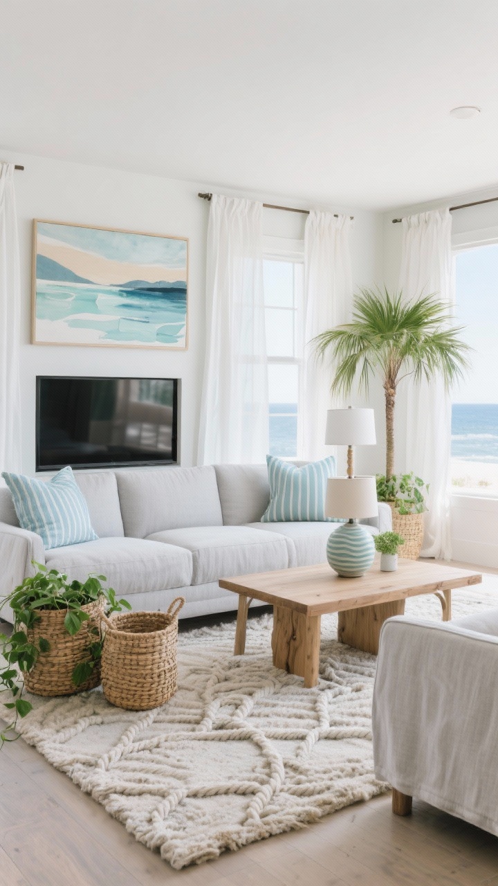 Wide coastal-modern living room: linen slipcovered sofa in soft stone gray; white oiled oak coffee table; pale blue striped pillows; woven seagrass baskets for texture; TV hidden behind airy white curtains; walls with abstract prints in sea-glass colors and one oversized landscape in muted blues and sand; knotted wool rug; ceramic table lamp with ripple glaze; palette of mist, sand, sea-glass green, weathered oak; plants include a trailing pothos and a tall kentia palm; bright, breezy natural light, photorealistic.