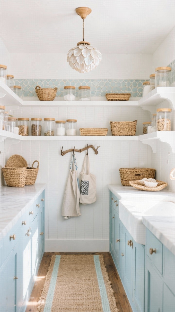 Wide coastal pantry scene bathed in natural light: pale blue cabinets, white beadboard walls, floating white oak shelves with rounded edges; clear glass canisters with bamboo lids, rattan baskets, and woven trays organized neatly; capiz shell pendant shimmering softly overhead; zellige-style soft white backsplash tiles; natural jute runner on the floor with a pale stripe; driftwood hooks holding aprons and tote bags; airy, sun-washed color palette, straight-on view.
