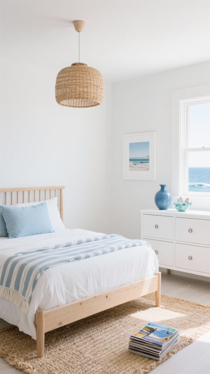 Wide coastal room shot, straight-on: soft white walls, light oak bed with slim slatted headboard; chalky blue linen pillows, striped cotton throw, and a seagrass rug; rattan pendant overhead for a beachy glow; white lacquer dresser with brushed nickel pulls; a single seascape photograph in a white frame; decor includes a blue ceramic vase, sea glass bowl, and a small stack of travel magazines; bright, airy natural light with a crisp, breezy feel, photorealistic.