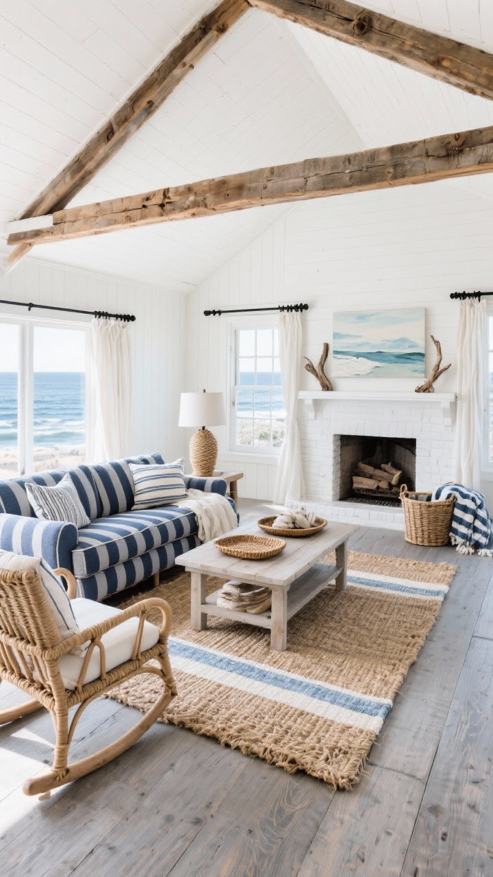 Wide coastal view, slightly elevated angle: Coastal barn beam retreat with exposed reclaimed barn beams crossing a crisp white ceiling, weathered gray oak floors, and a bright, calm atmosphere. A deep stripe-slipcovered sofa pairs with rattan swivel chairs around a bleached wood coffee table. Underlay a chunky seagrass rug with a softer blue-and-ivory runner for layered texture. Add a rope-wrapped lamp, linen pinstripe pillows, woven trays on the table, driftwood accents, and a basket of throws by the hearth. Include a navy windowpane throw and matte black curtain rods for definition. Mantel styled with a refined watercolor seascape. Natural coastal daylight, photorealistic.