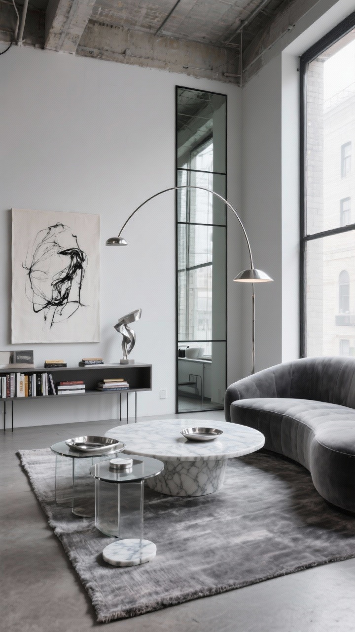 Wide contemporary loft view: smoke-gray velvet curved sofa hugging a large round Calacatta marble coffee table; floor-to-ceiling thin-black-frame mirror behind doubling space and tall window light. Tight palette of graphite, soft gray, and brushed nickel. Asymmetrical arc floor lamp overhead, slim console with curated art books and a single sculptural metal piece. Hand-loomed smoke silk-blend rug underfoot; smoked glass side tables, chrome tray, marble coasters; oversized black ink drawing on raw canvas on the wall. Sleek, polished, photorealistic.