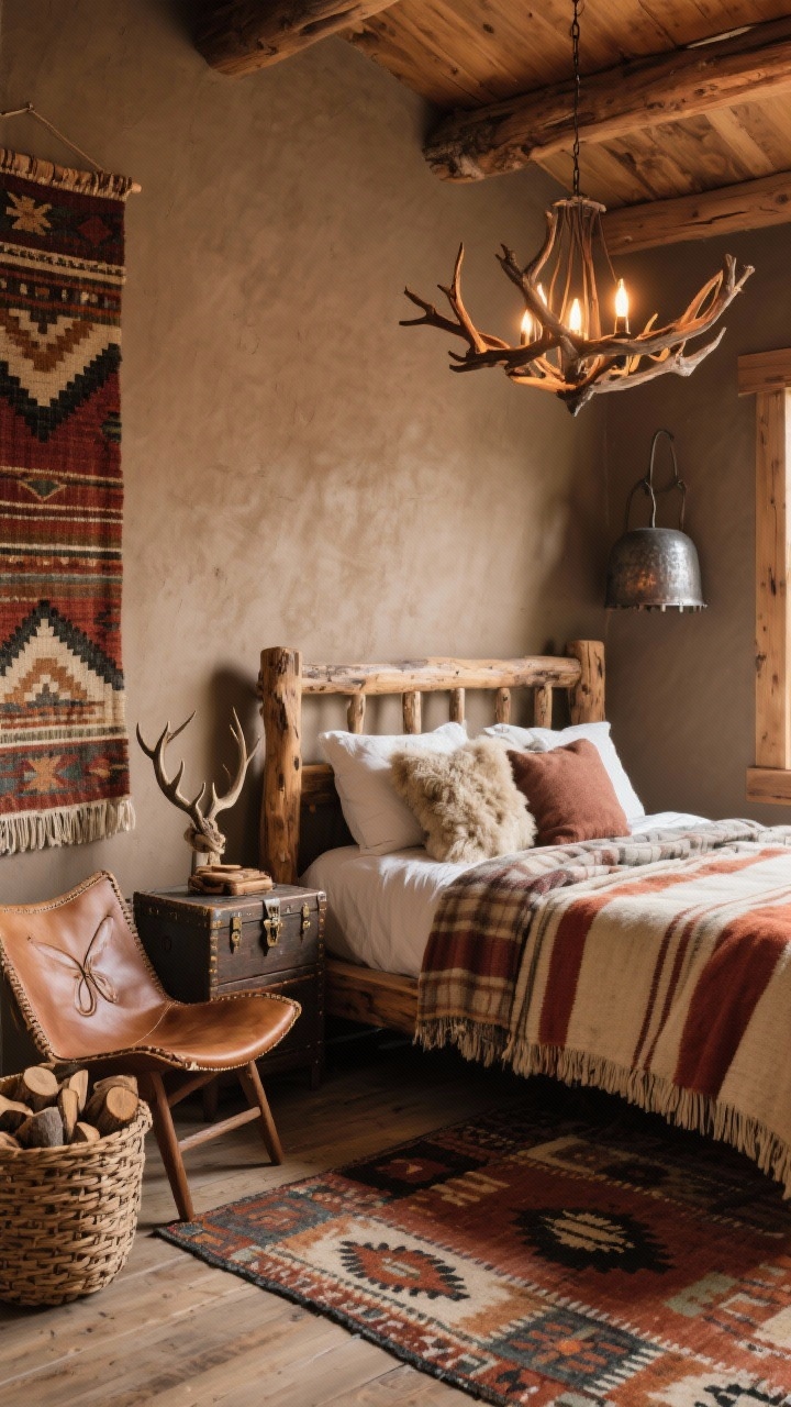 Wide corner angle: Rustic boho cabin comfort room with warm taupe walls and a rough-hewn wood bed frame; bed dressed with a wool blanket in rust and cream stripes, flannel sheets, and shearling pillows; Southwestern-inspired rug grounding the space; leather butterfly chair near a trunk nightstand; antler or wood branch chandelier above casting warm ambient light; hammered metal accents and aged wood details; a basket stacked with logs for atmosphere; textile wall tapestry hanging prominently; cozy, weighty mood; photorealistic.