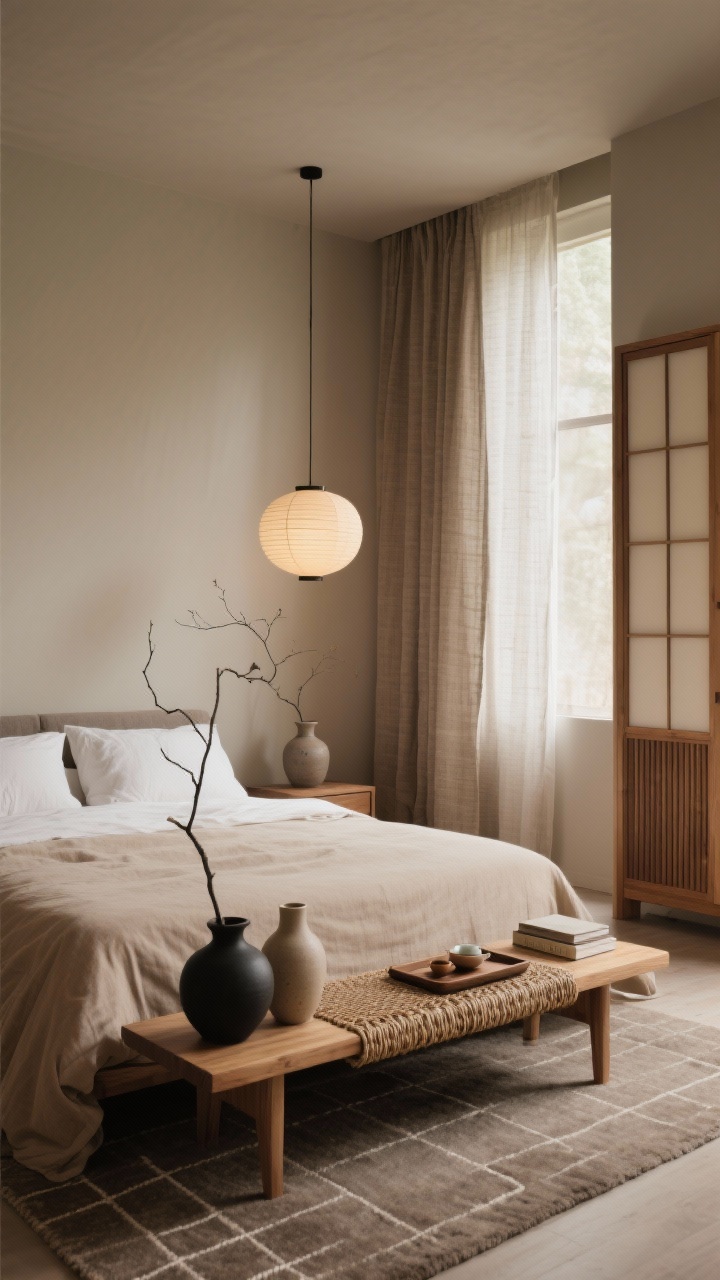 Wide, corner-angle shot of a Japandi Zen Retreat bedroom: earthy tones of mushroom, oat, inky brown, and soft black; low light-oak bed with simple natural flax linen duvet; woven cord bench at the foot; smooth ceramic vases in neutral glazes; paper lantern pendant casting a soft ambient glow; textured linen curtain panels filtering daylight; oak, ash, ceramic, stone, and crisp cotton materials; slim shoji-inspired wardrobe; wool-blend rug with a quiet grid pattern; meditative surfaces with a single branch in a vase, a wooden tray with tea, and a small book stack; calm, tactile, photorealistic.