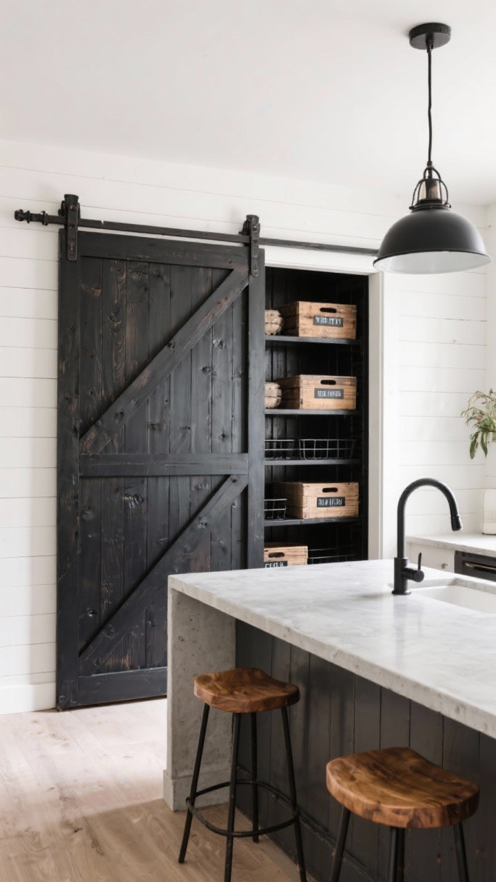 Wide corner-angle shot of a modern rustic kitchen featuring a full-height shiplap slider wall on a matte-black exposed barn-style track; the horizontal shiplap door half-open to reveal a pantry with black metal shelves and labeled crates; pair with a concrete-look island, black faucets, warm wood stools, and a charcoal pendant echoing the track; palette warm white, charcoal, weathered wood; soft daylight with subtle shadows highlighting texture.