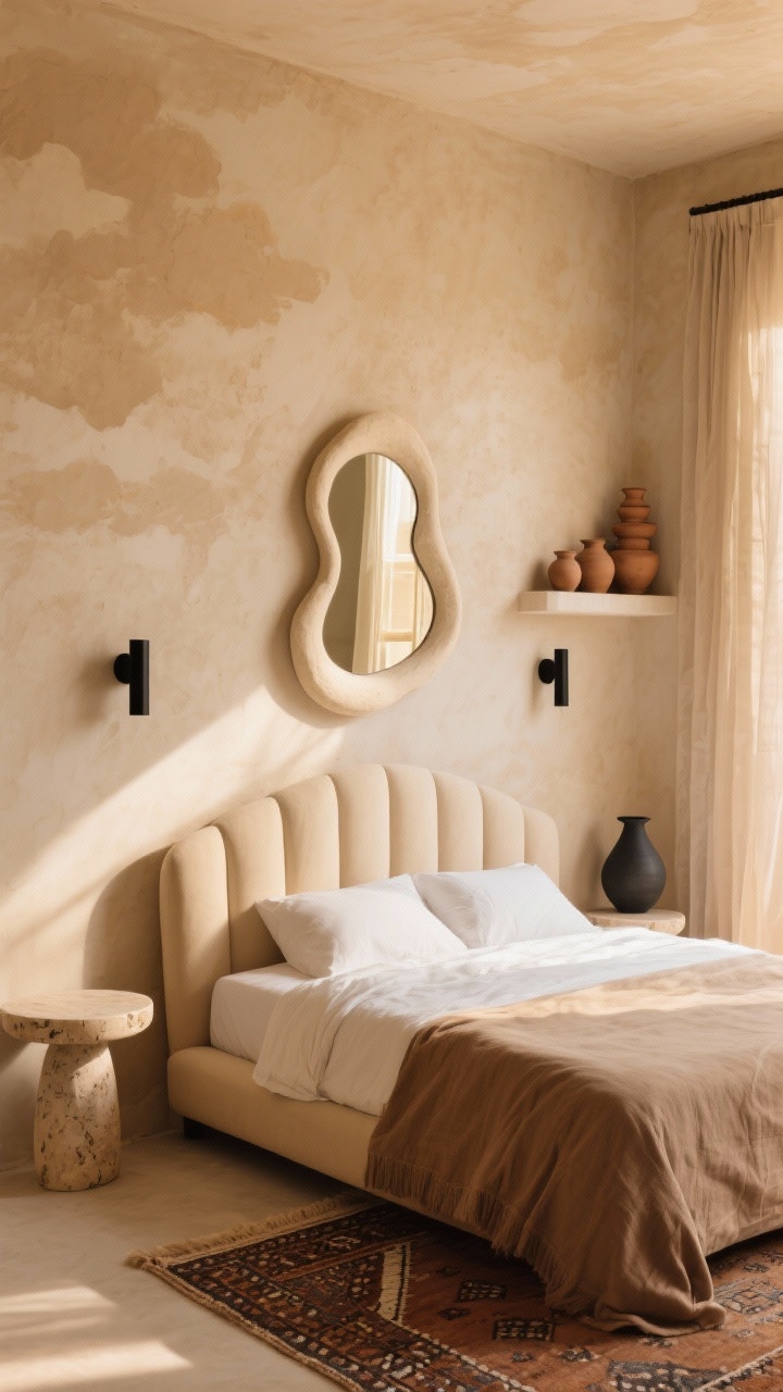 Wide, corner-angle shot of desert modern bedroom: limewash/plaster-effect walls in warm sand with subtle clouded texture. Above a low, curvy upholstered headboard in bone, hang an asymmetrical arched mirror (or sculptural plaster piece) echoing organic shapes. Minimalist black sconces flank the bed. On a side wall, a narrow ledge holds stacked clay vessels and a matte ceramic lamp. Furniture includes rounded nightstands and a travertine-topped side table. Textiles: gauze curtains, cotton-linen duvet, Moroccan-style rug. Palette: sand, bone, cocoa, black. Golden late-afternoon light for sun-kissed warmth.