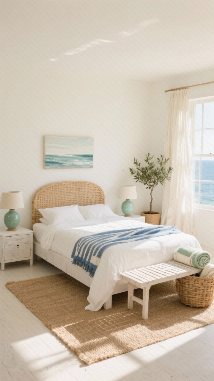 Wide corner angle, Sun-Washed Coastal Escape: bright airy bedroom with buttery off-white walls; whitewashed wood bed with a woven rattan headboard; crisp percale sheets and a striped indigo throw across the foot; ceramic table lamps in sea-glass green on both nightstands; linen sheers rippling at open windows, sunlight filtering in; jute rug grounding the room; seascape artwork above the bed; a slatted bench at the foot and a simple olive tree in a planter; a basket of rolled throws near the window; palette of cream, sand, sea-glass green, and indigo; materials rattan, linen, jute, whitewashed wood; photorealistic, morning light.