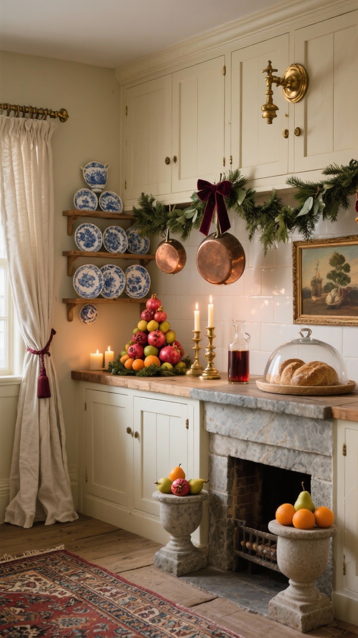 Wide corner shot, Old-World European Christmas Pantry: cream/putty cabinets, aged brass fixtures, soapstone or butcher block counters; hanging copper pots, blue-and-white crockery/transferware on a plate rack; spruce and bay leaf garlands with velvet ribbon tails, brass candlesticks with taper candles along a mantel shelf; fruit pyramids (pomegranates, pears, oranges) on pedestal stands; linen cafe curtains, handwoven Persian-style runner, framed oil still life propped against the backsplash; stoneware bread cloche and a carafe of mulled wine; warm, timeworn patina with candlelit glow, photorealistic, no people.