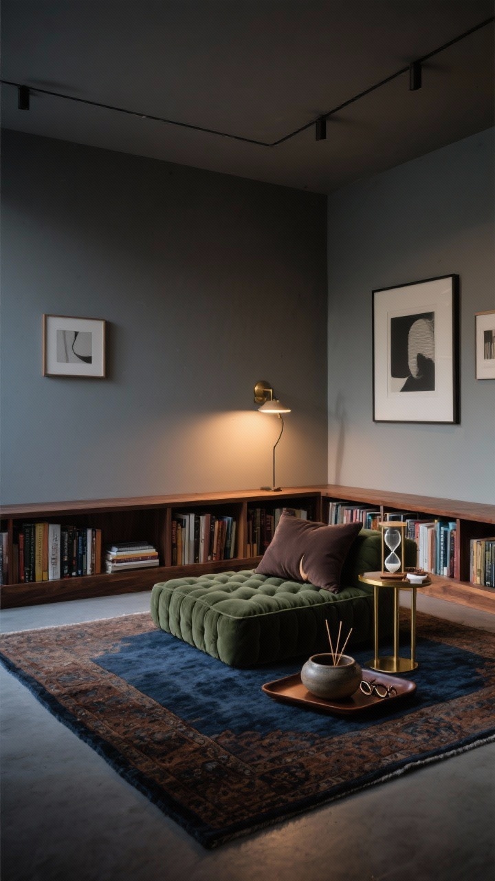 Wide corner shot, Urban Zen Library: wall of low walnut shelves wrapping a corner filled with books; a rectangular tufted floor cushion in deep olive with a supportive half-moon pillow in espresso defining the sitting zone atop a flat Persian rug in inky blues and umber; moody greige walls with picture lights highlighting minimalist prints; slim brass side table holding tea and reading glasses; accents include a sand timer, ceramic incense bowl, leather bookmark tray; a library sconce centered over the cushion area creating a warm pool of light; palette of olive, walnut, inky blue, greige; photorealistic, evening ambience.