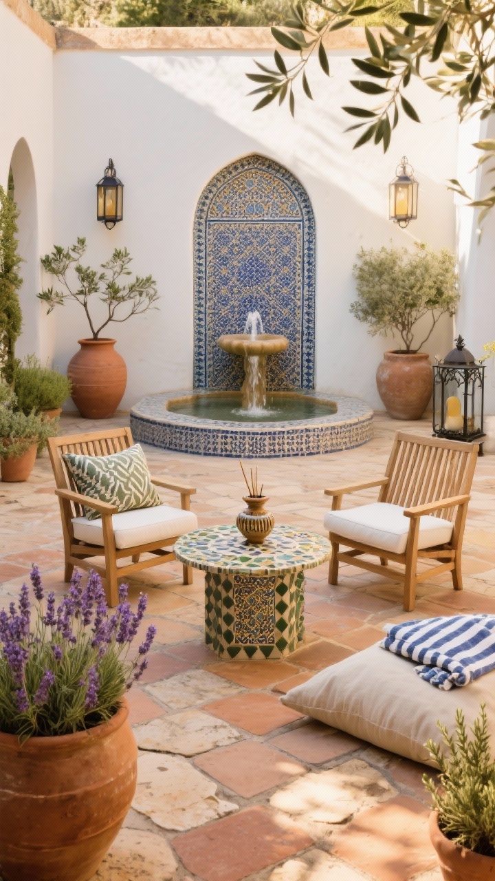 Wide courtyard shot, Mediterranean Courtyard Calm: sun-warmed tumbled limestone or terra-cotta tiles underfoot; oversized clay pots of lavender, rosemary, and thyme surrounding the space; central Moroccan-style tiled fountain gently gurgling; pair of slatted wood chairs with ivory cushions facing each other across a small mosaic-topped table serving as an altar; striped Turkish towels, ceramic incense burner, wrought-iron lanterns; palette of terra-cotta, ivory, olive with cobalt accents; olive branches in a vase, patterned outdoor pillow, linen floor cushion; golden late-afternoon sunlight, photorealistic, straight-on view.