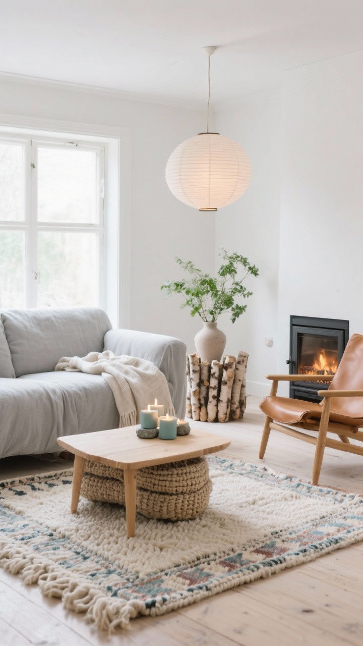 Wide, cozy Scandinavian scene: A light gray slipcovered sofa in a warm white room with pale, soapy wood tones. Layered rugs: chunky knit base with a pale kilim on top. Blonde wood coffee table with softened corners, woven camel leather side chair. Paper lantern pendant overhead, linen throws draped casually, stone tealight holders glowing. A birch log holder by a faux/electric fireplace and simple greenery in a vase. Soft, diffused daylight with hygge warmth. Photorealistic, no people.