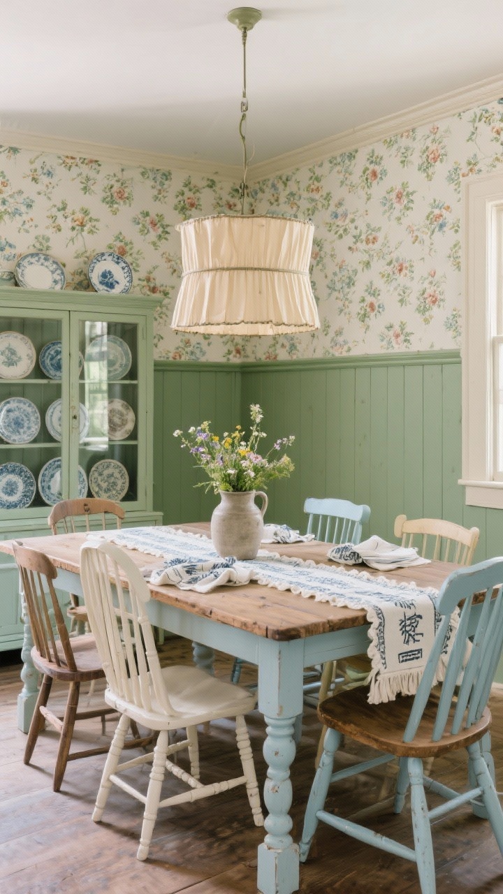 Wide dining room shot from a corner angle: cottagecore styling with sage green lower walls, classic chair rail, and floral wallpaper on the upper third. A well-loved farm table with spindle legs centered, surrounded by mismatched painted chairs in cream and pale blue. Overhead pleated-fabric drum pendant casting warm light. In a glass-door cabinet, mix-and-match china plates are displayed. Table styling includes a block-print runner, ruffled linen napkins, and wildflowers in a stoneware pitcher. Soft, inviting atmosphere; photorealistic.