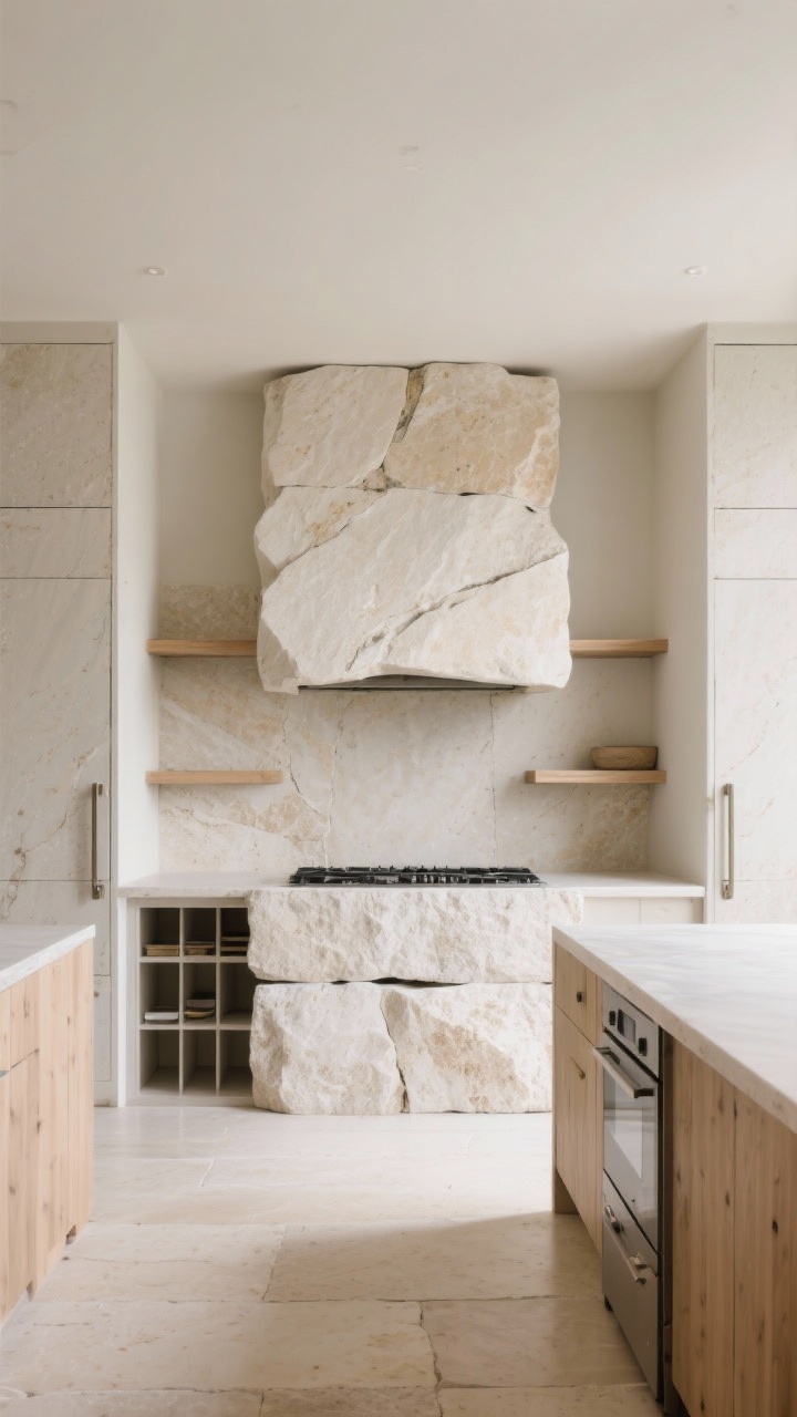 Wide, dramatic straight-on shot of a statement range wall with a continuous stone slab backsplash, chunky floating shelves, and a sculptural hood; pale limestone floors running seamlessly into the hidden pantry space; on either side, tall slab panels with concealed pivot hinges slightly opened, revealing a full-width pantry behind with a long counter for appliances and a microwave drawer; palette of natural stone, off-white, light ash wood; uncluttered counters, soft natural daylight.