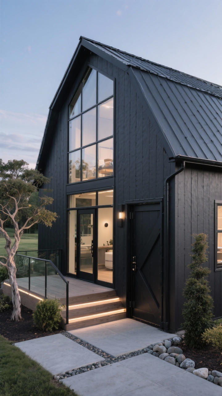 Wide dusk shot of a contemporary small barn with a dramatic black steel-framed glass gable wall spanning two stories; dark gray vertical fiber-cement panels elsewhere with flush corners; standing seam metal roof with minimal overhangs; frameless glass railing on a small deck, concealed gutters; linear LED under-eave lights casting a subtle halo; a blackened steel pivot door; large-format concrete pavers with tight joints and river rock bands; a sculptural tree and architectural shrubs completing the minimalist composition.