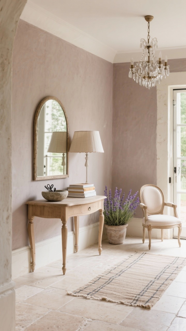 Wide, elegant French farmhouse entryway scene: limestone-look porcelain tile in soft beige, a limed oak console with delicate turned legs, walls in gentle mushroom taupe, a large arched mirror casually leaning above the console reflecting a linen-shaded chandelier, a stone bowl for keys and a stack of pale art books on the console, a Louis-style side chair with oatmeal linen upholstery off to the side, potted lavender or rosemary adding subtle greenery, and a hand-loomed runner with a faint stripe; airy daylight, refined and timeless.