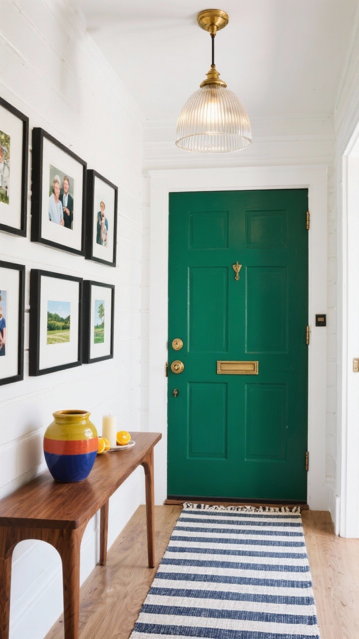 Wide entryway shot emphasizing bold color: soft white walls and a front door painted rich cottage green (or deep cobalt), a warm walnut console grounding the space, a gallery of black frames above with family photos and small landscape prints, a striped indoor-outdoor runner that pulls in the door color, vintage brass doorknob and matching mail slot on the door, a brass flush mount with a ribbed glass shade sparkling overhead, and color-blocked pottery with a citrusy candle on the console; cheerful, polished lighting, photorealistic.