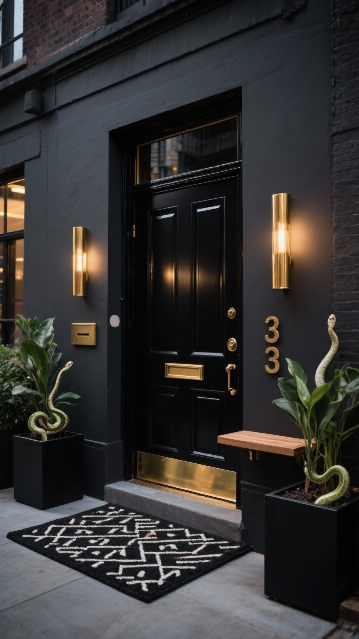 Wide, evening straight-on shot for Urban Black-and-Brass Glam: deep graphite exterior with high-gloss black front door, paneled skirting matching the door for a seamless base. Brass accents on numbers, mail slot, and door hardware gleaming under modern brass cylinder sconces, tall squared black planters with snake plants flanking the entry, black-and-cream geometric entry rug, a slim floating wood entry shelf adding warmth; moody, sleek, city chic, photorealistic.