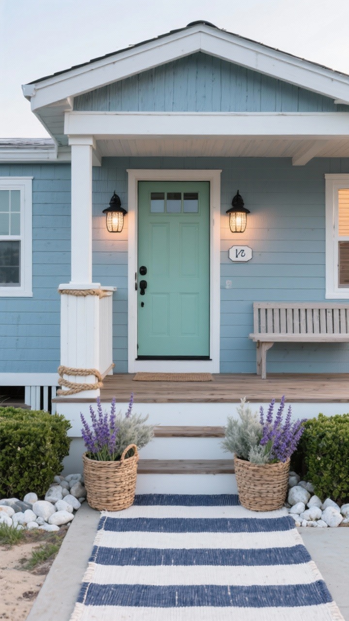 Wide exterior shot, straight-on view of a mobile home styled as a Coastal Cottage Refresh: misty blue exterior siding with crisp white trim, sun-faded wood porch rail, seaglass-green front door with matte black hardware, nautical-style black sconces with seeded glass illuminated at dusk. White river rock borders with low boxwood hedges along the skirting, woven basket planters overflowing with lavender and dusty miller, navy-and-white striped outdoor rug on the stoop, rope-wrapped house number plaque and a simple slatted bench; beachy, breezy, photorealistic.